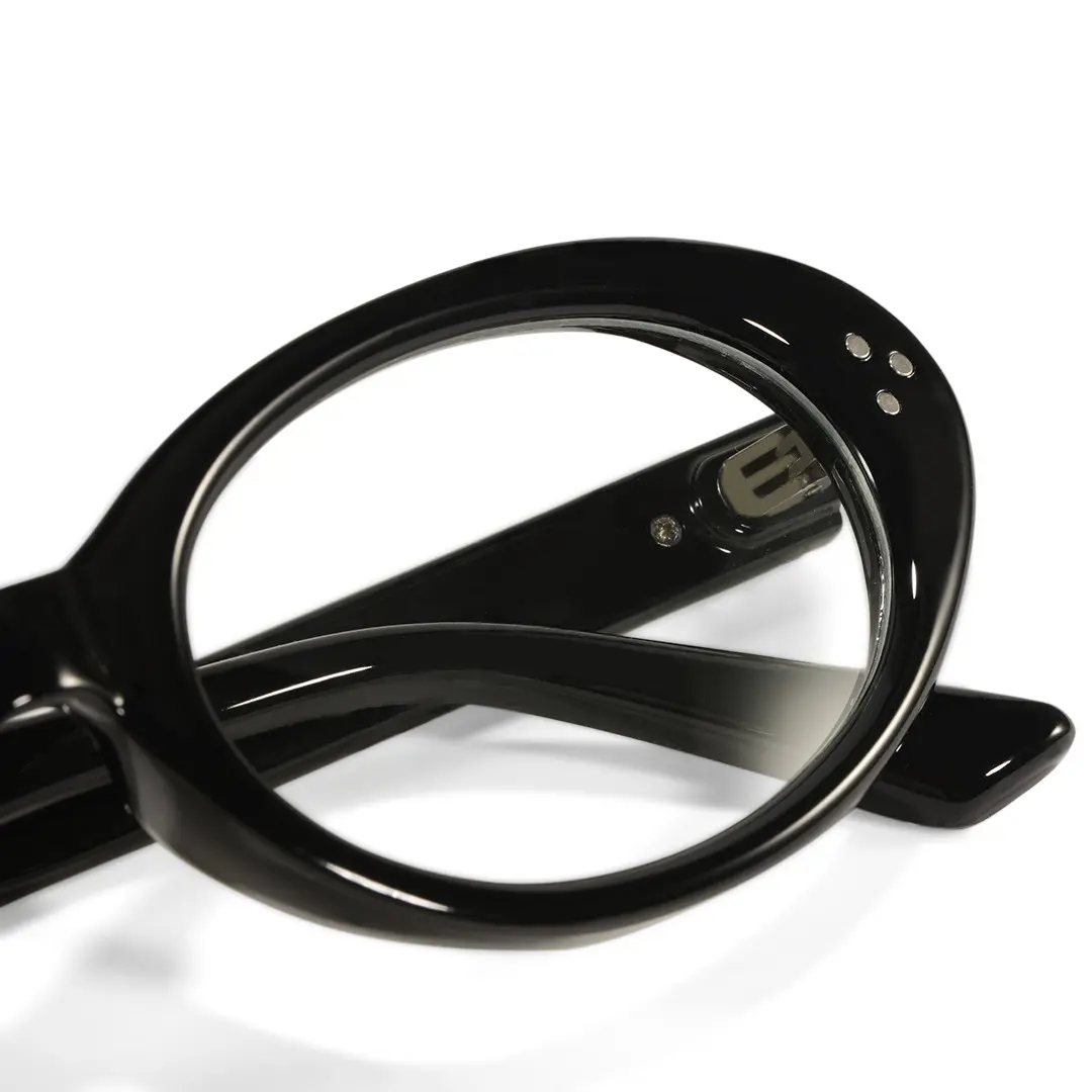 End piece detail of Basia y2k oval tr90 eyeglasses in black. SPU: OR0022506