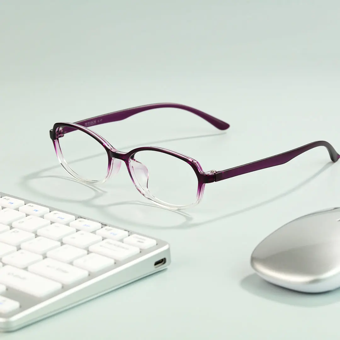 Scene view of Virtue y2k oval tr90 eyeglasses OR0092501 in purple-clear