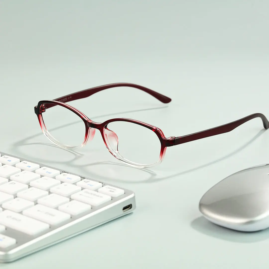 Scene view of Virtue oval tr90 eyeglasses OR0092501 in two-tone（red and clear）