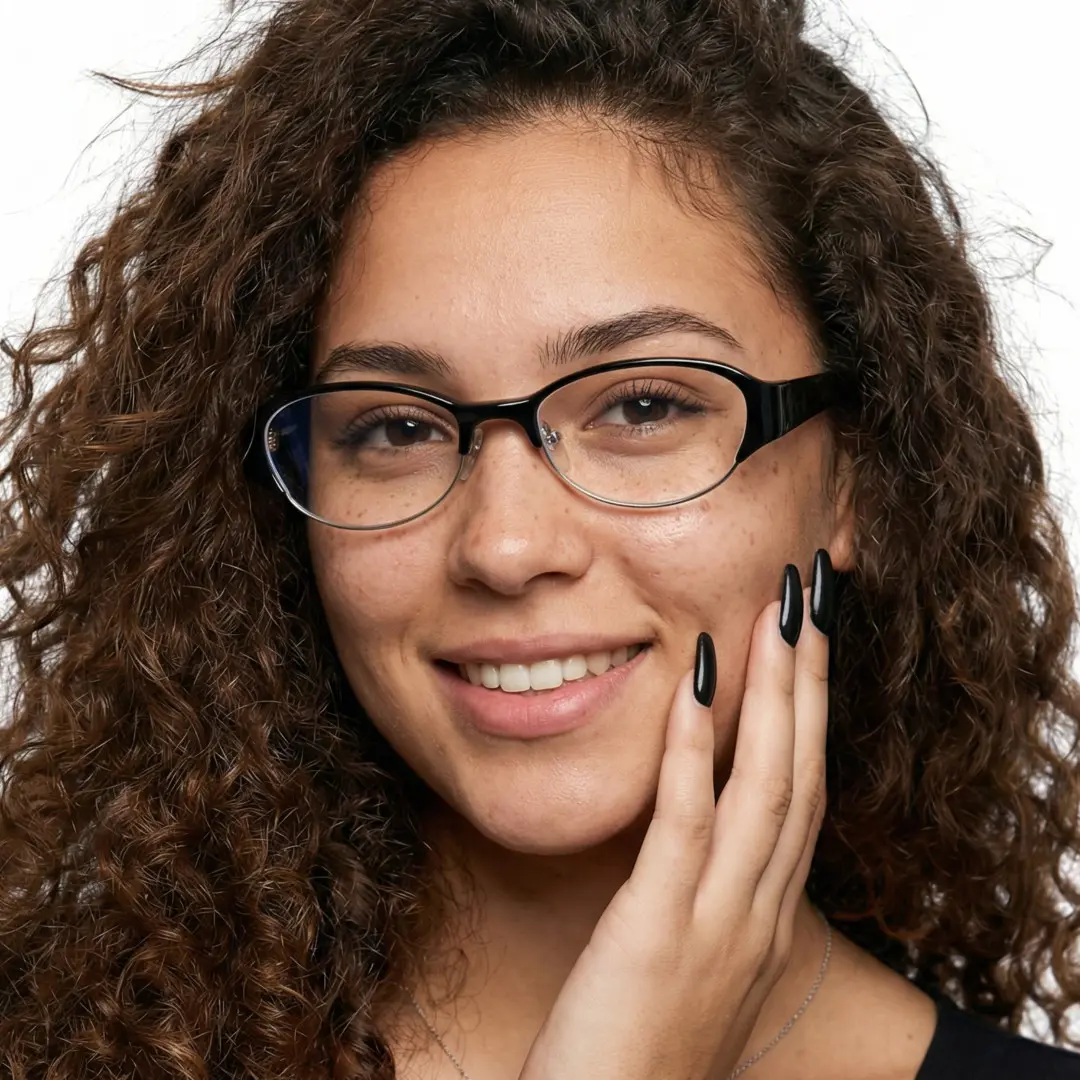 Front view of female wearing black oval eyeglasses, hand near face, soft smile, OR0112603