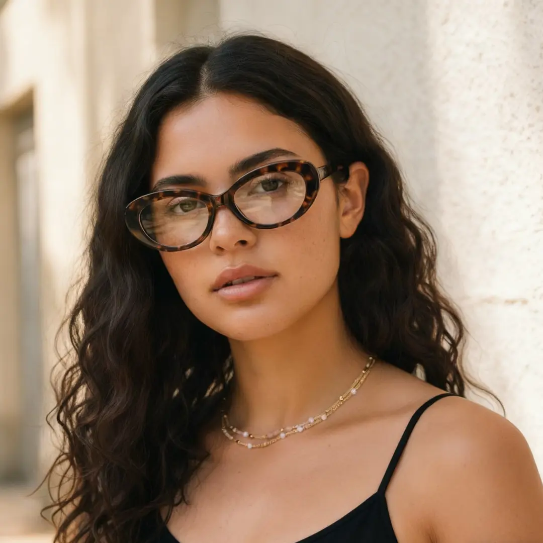 Female wearing y2k tortoise oval tr90 eyeglasses, natural expression. SPU: OR0132510