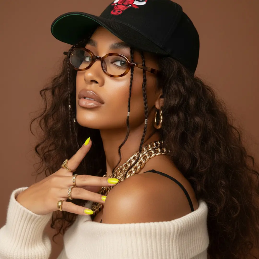 Profile view of female wearing tortoise oval eyeglasses, hand near face, confident expression, OR0142510