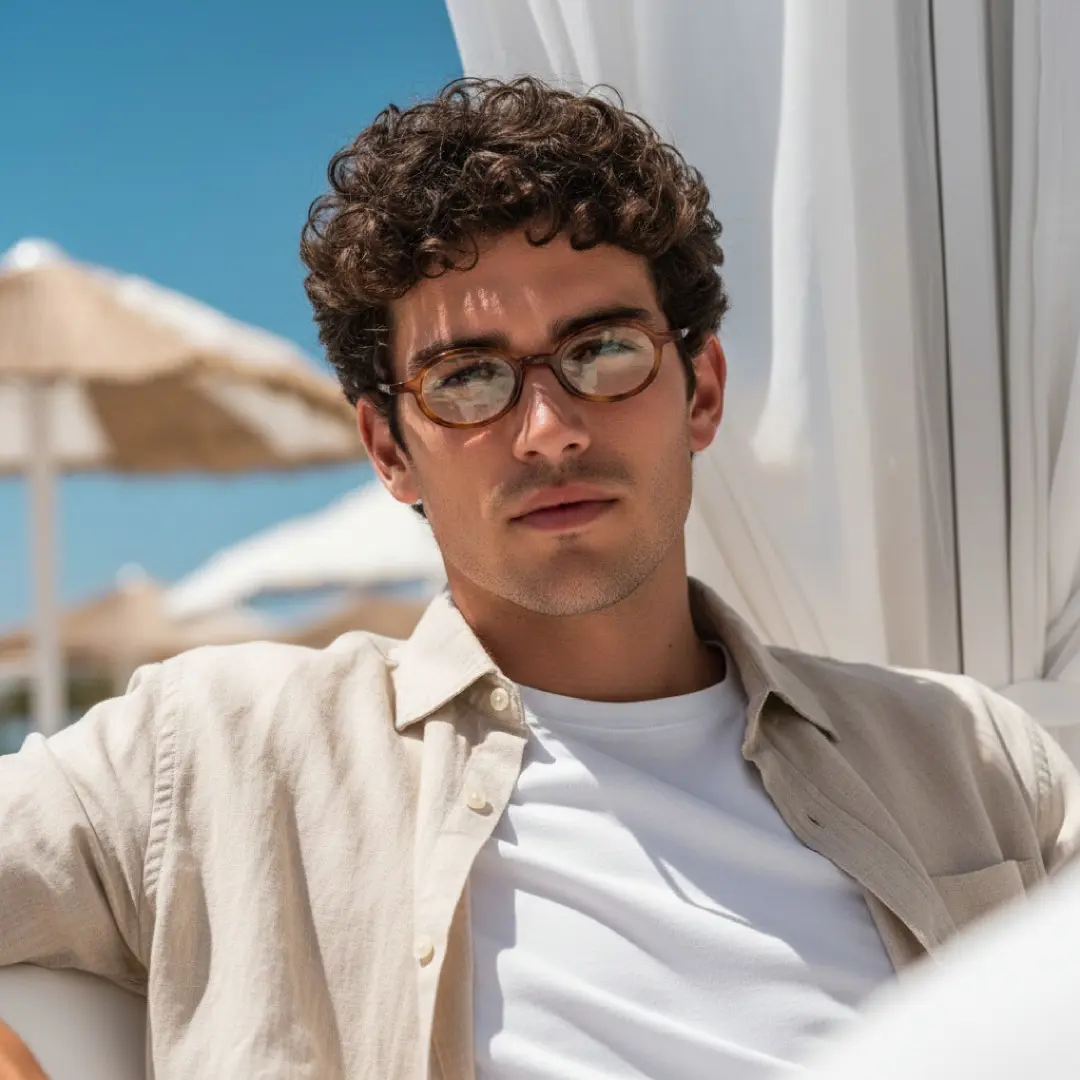 Front view of male wearing vintage tortoise oval eyeglasses, neutral expression, OR0142510