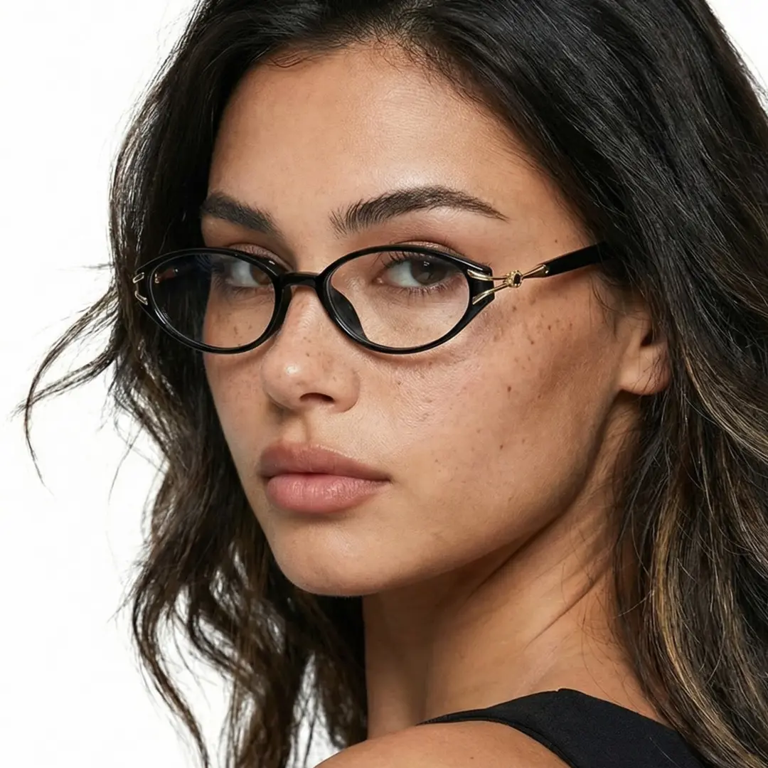 Close-up view of female wearing office siren black oval eyeglasses, neutral expression, OR0152601