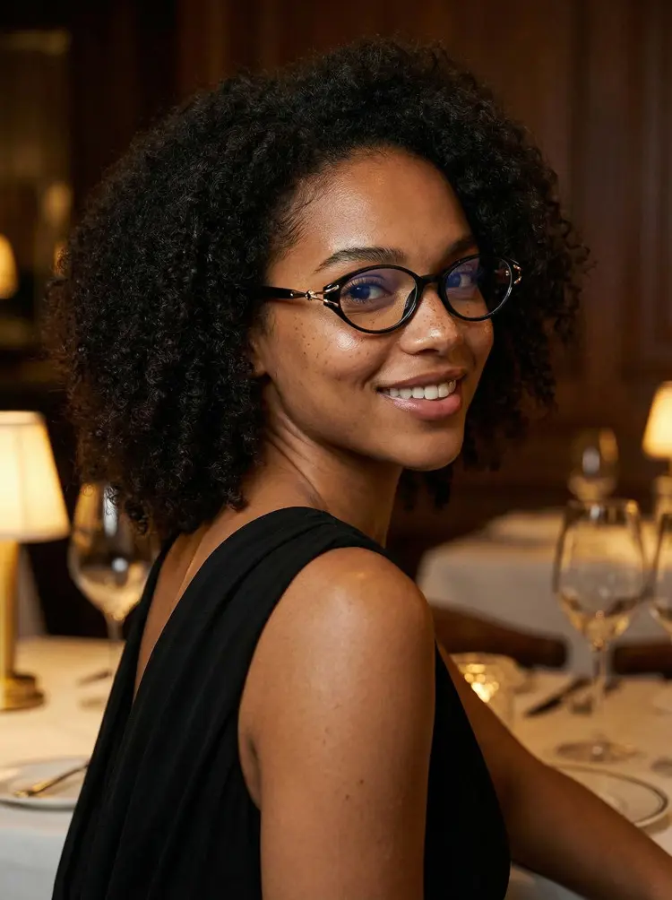 Female model wearing office siren black oval tr90 eyeglasses in a dim elegant restaurant. SPU: OR0152601