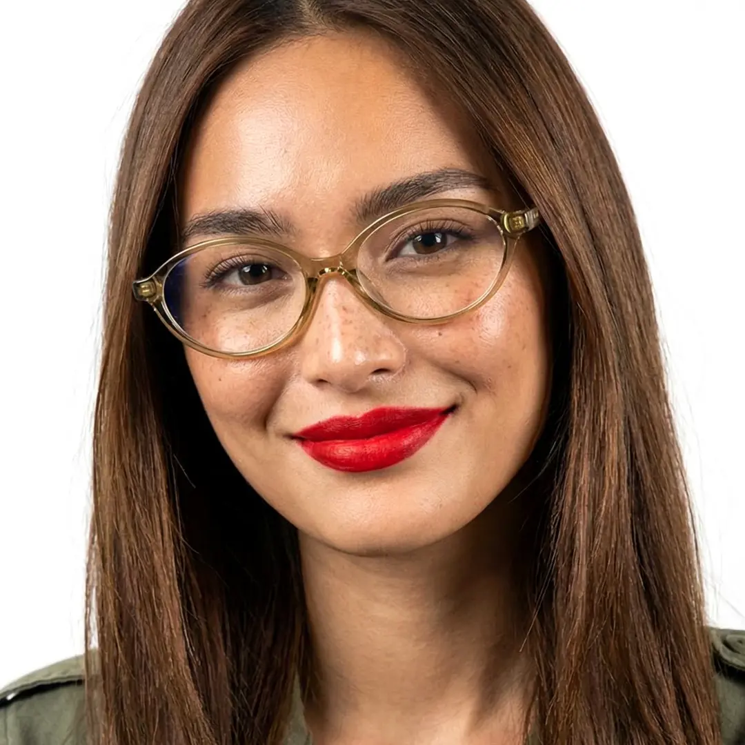 Front view of female wearing army green oval eyeglasses, natural smile, OR0312402