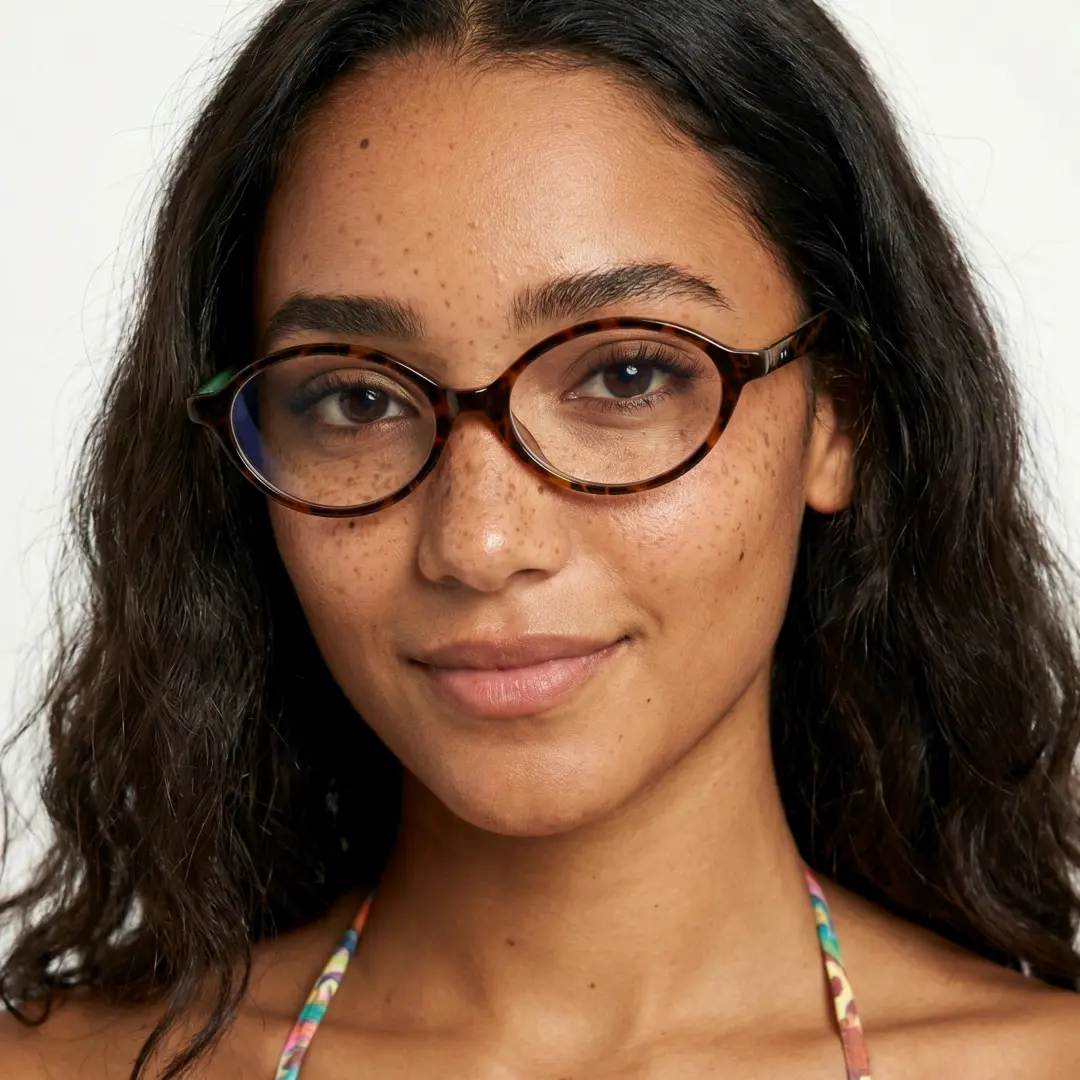 Front view of female wearing y2k brown tortoise oval eyeglasses, friendly smile, OR0312402