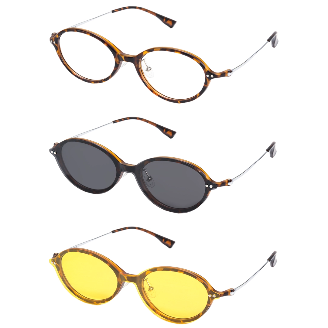 Exploded-view of Perrin oval tr90 magnetic clip-on eyeglasses set with interchangeable toppers OR0372601 in tortoise