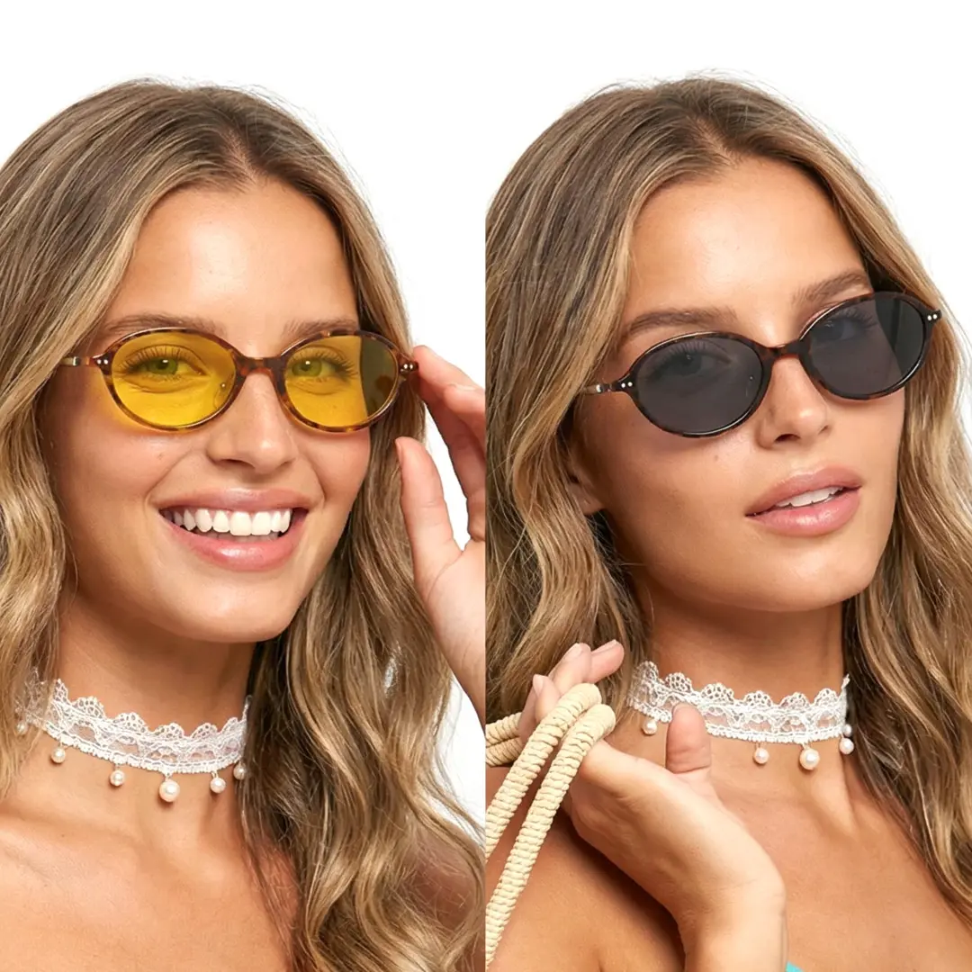 Three-quarter view of two people wearing tortoise oval magnetic clip-on eyeglasses set with interchangeable toppers, various expressions, OR0372601