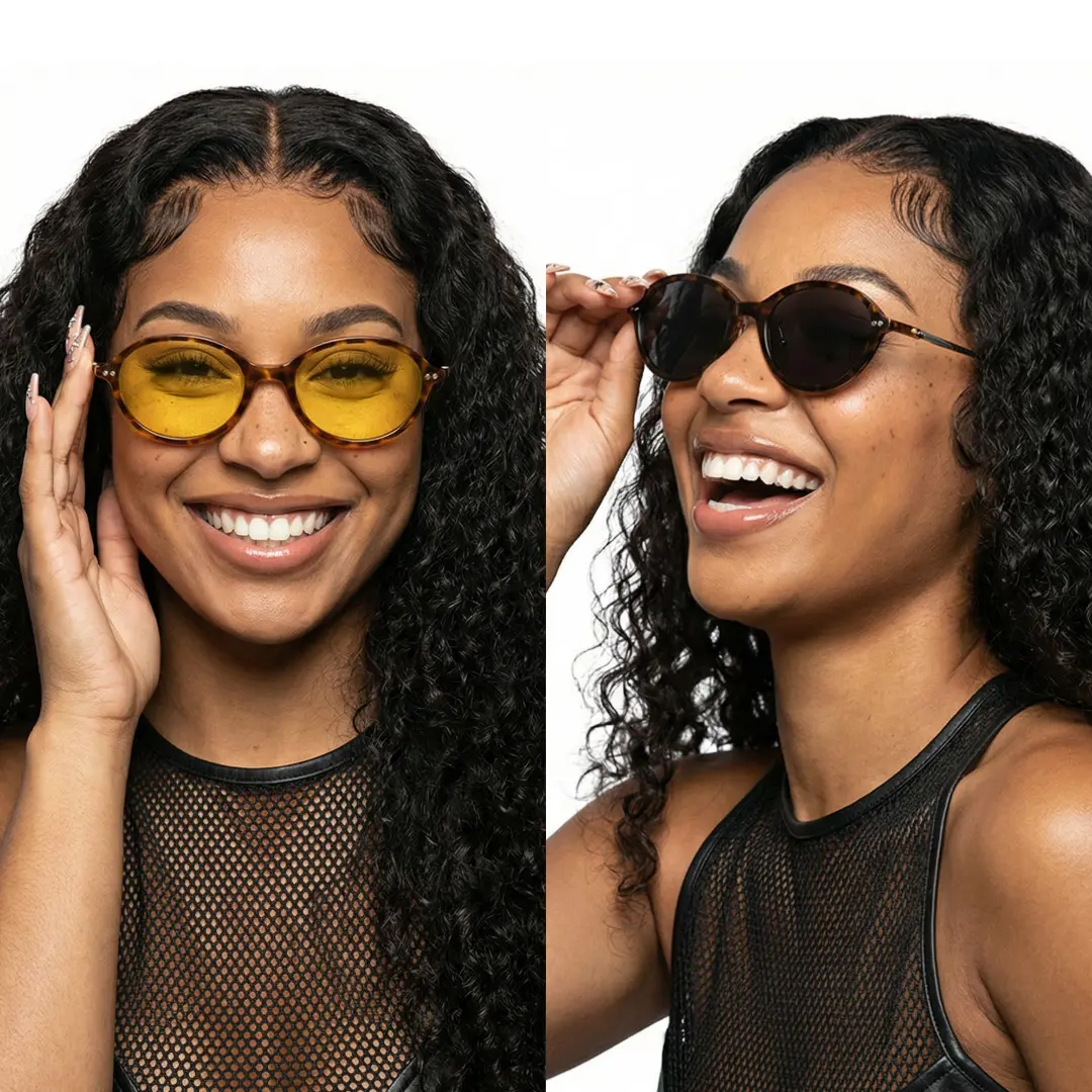 Two people wearing tortoise oval magnetic clip-on eyeglasses set with interchangeable toppers, touching frame, smiling, OR0372601