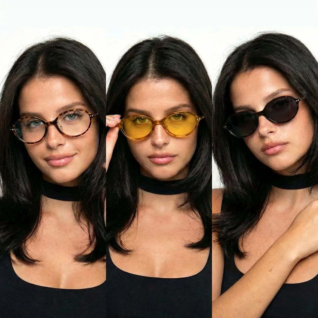 Front view of group wearing tortoise oval magnetic clip-on eyeglasses set with interchangeable toppers, various expressions, OR0372601