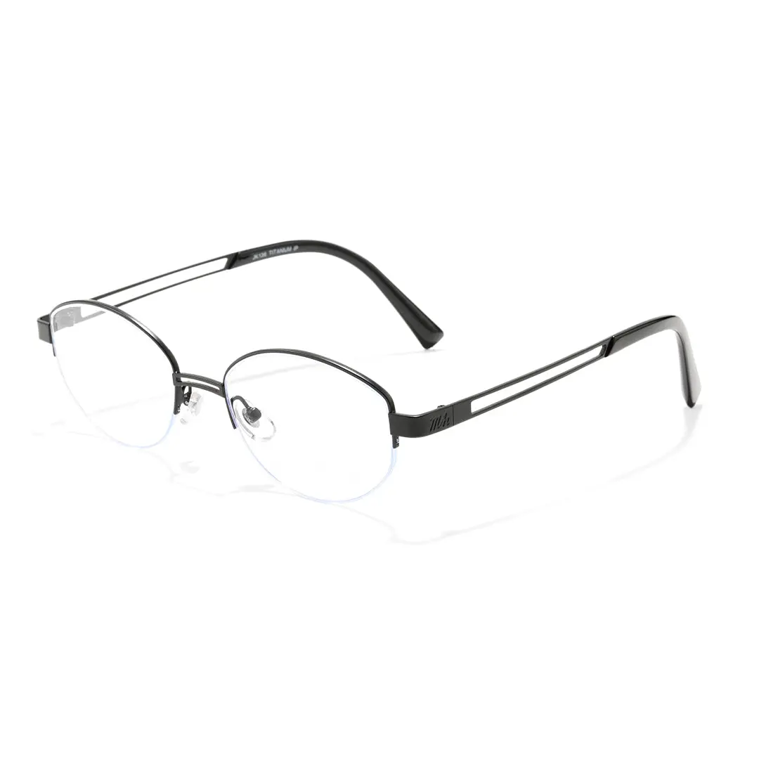 Angle view of Vivacity oval titanium eyeglasses OT0022501 in black