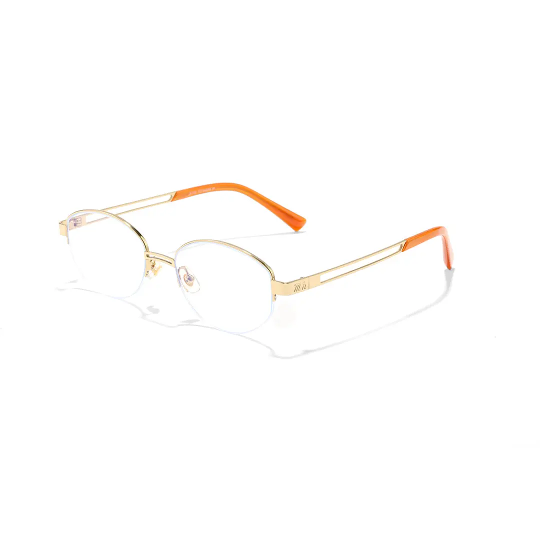 Angle view of Vivacity oval titanium eyeglasses OT0022501 in gold