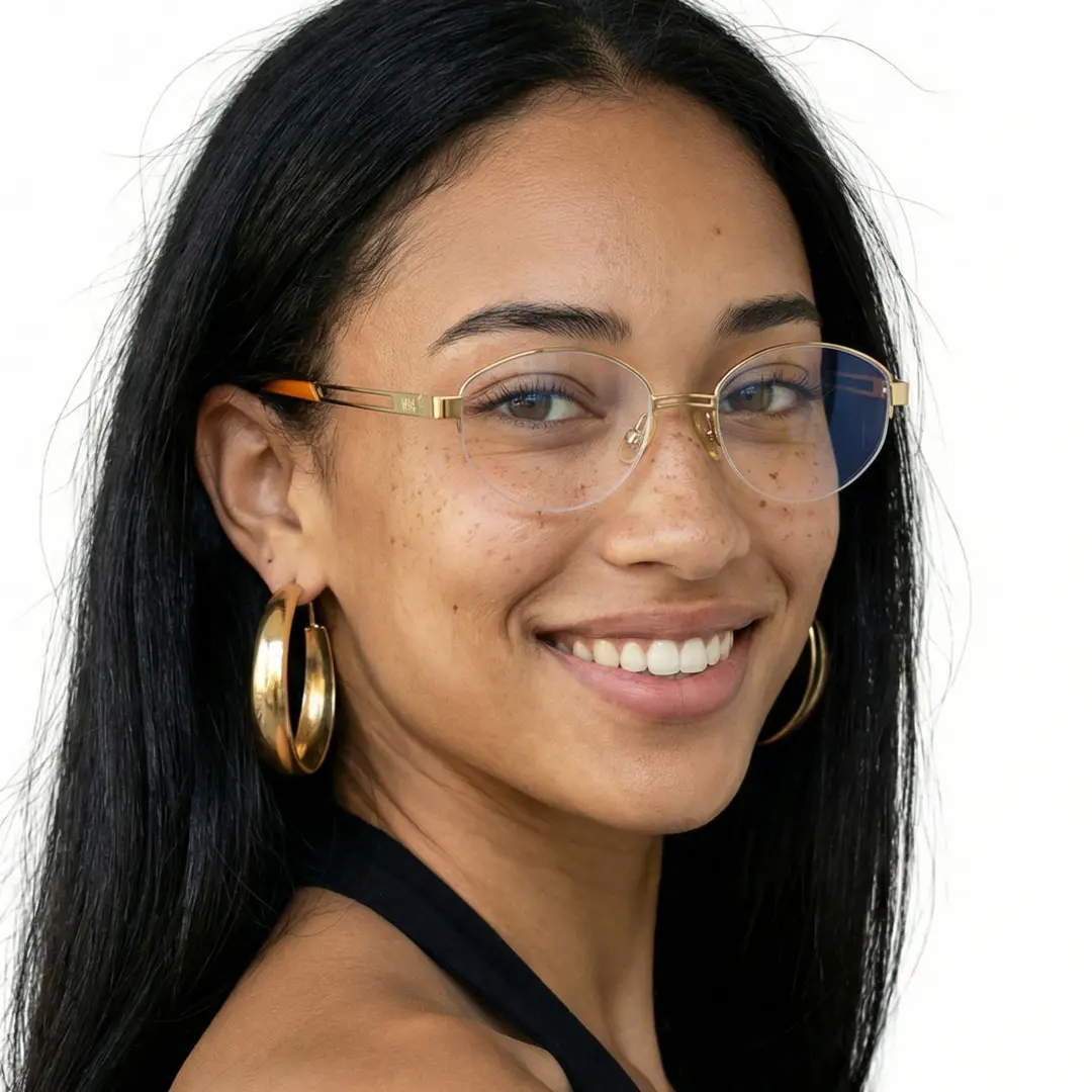 Over-the-shoulder view of female wearing y2k gold oval eyeglasses, smiling, OT0022501
