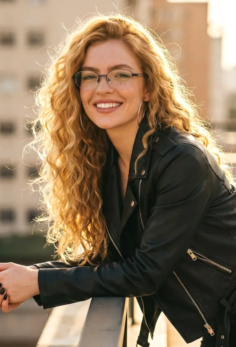 Female model wearing everyday black oval titanium eyeglasses on a balcony railing. SPU: OT0022501