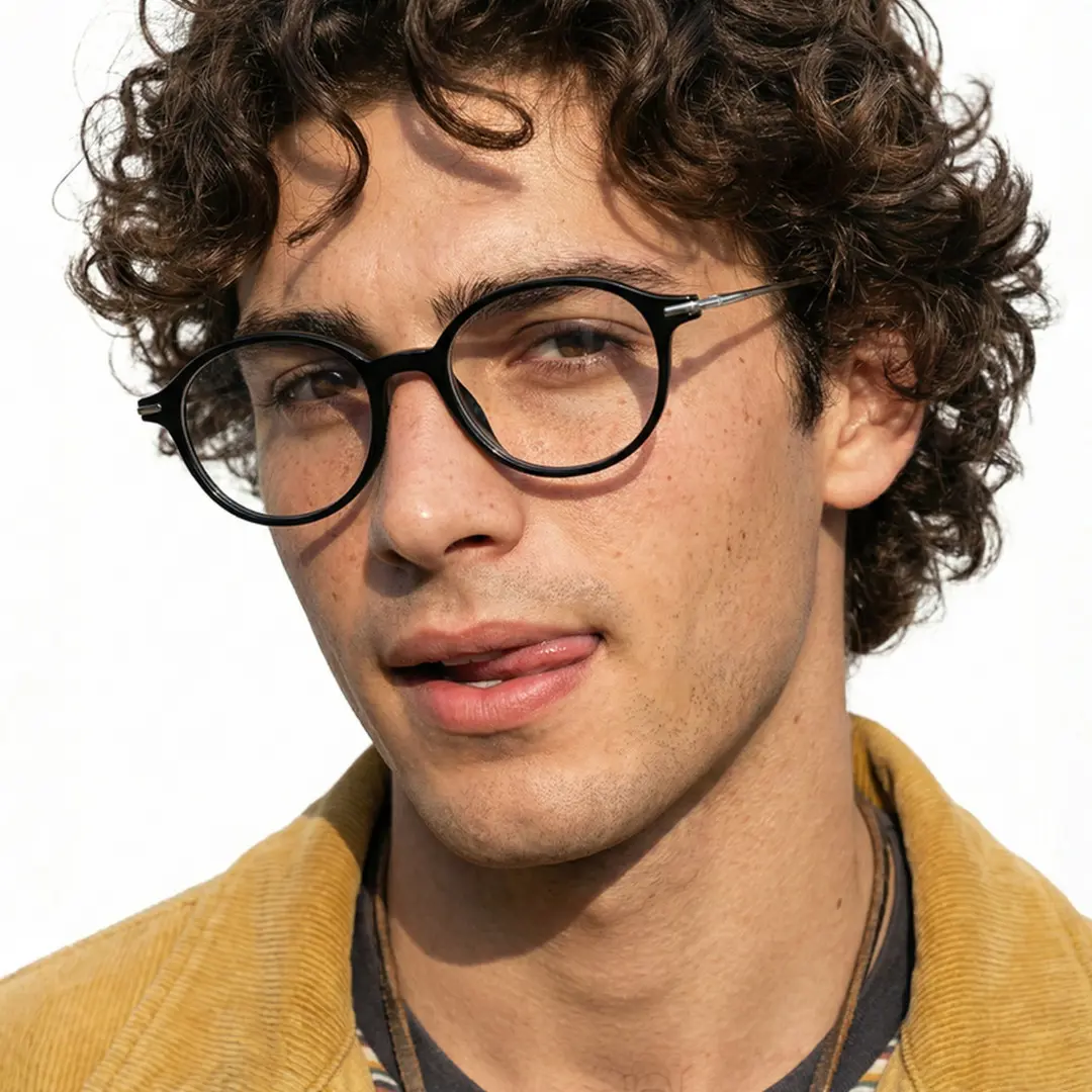 Three-quarter view of male wearing y2k black oval eyeglasses, sticking out tongue, natural expression, OT0102412
