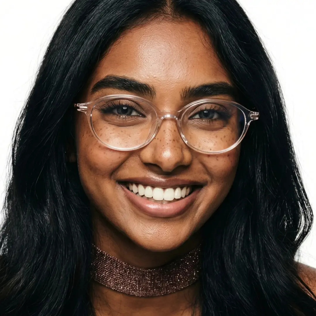 Front view of female wearing y2k clear oval eyeglasses, smiling, OT0102412