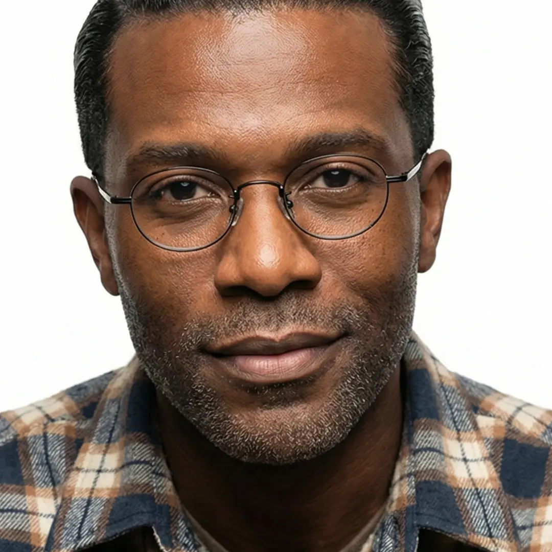 Front view of male wearing y2k black oval eyeglasses, smiling, OT0282502