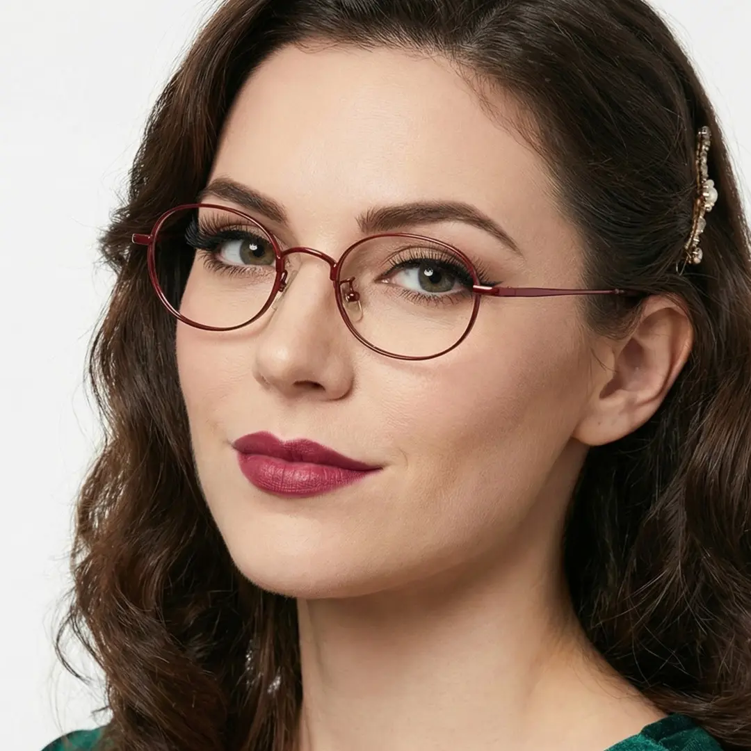 Three-quarter view of female wearing red oval eyeglasses, natural smile, OT0282502