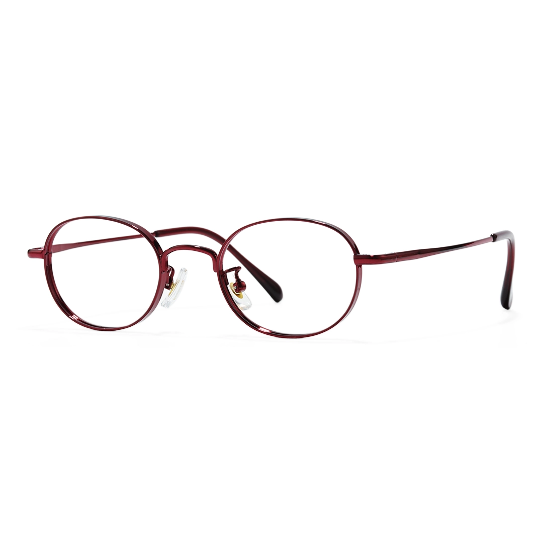 Angle view of Astr y2k oval titanium eyeglasses OT0282502 in red