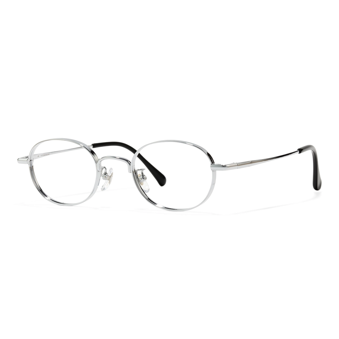 Angle view of Astr y2k oval titanium eyeglasses OT0282502 in silver