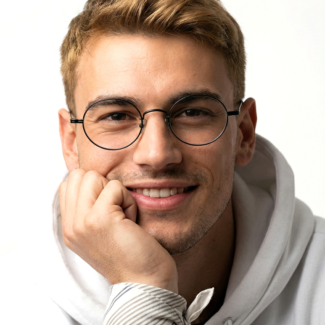 Front view of male wearing black oval eyeglasses, resting chin on hand, natural smile, OT0402412