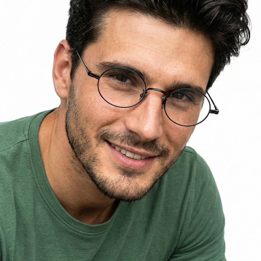 Profile view of male wearing y2k black oval eyeglasses, natural smile, OT0402412