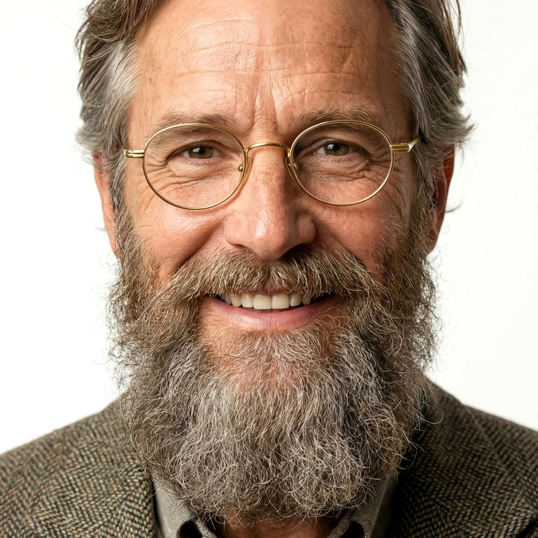 Close-up of male wearing gold oval eyeglasses, neutral expression, OT0402412