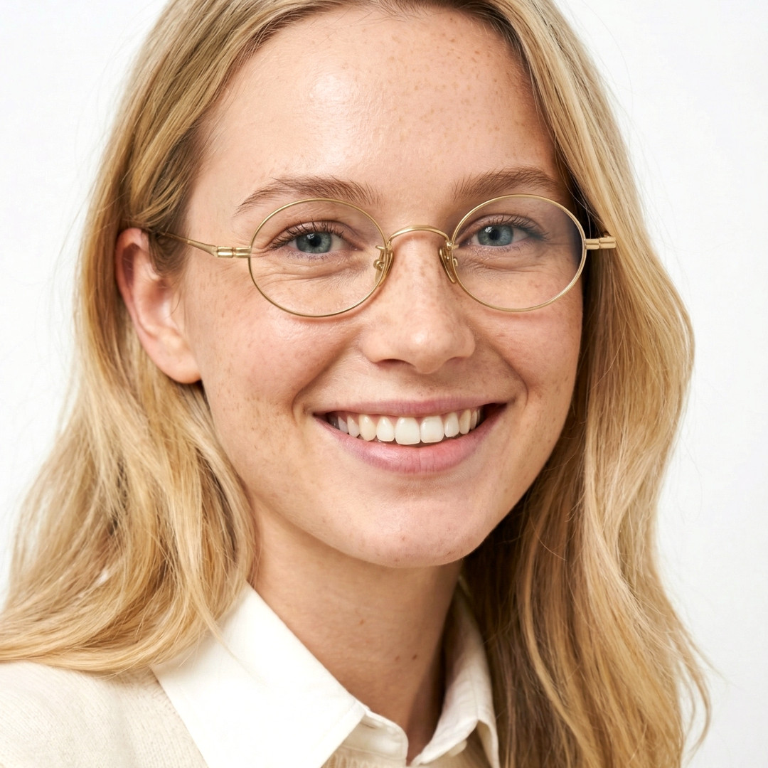 Three-quarter view of female wearing gold oval eyeglasses, wide smile, OT0402412