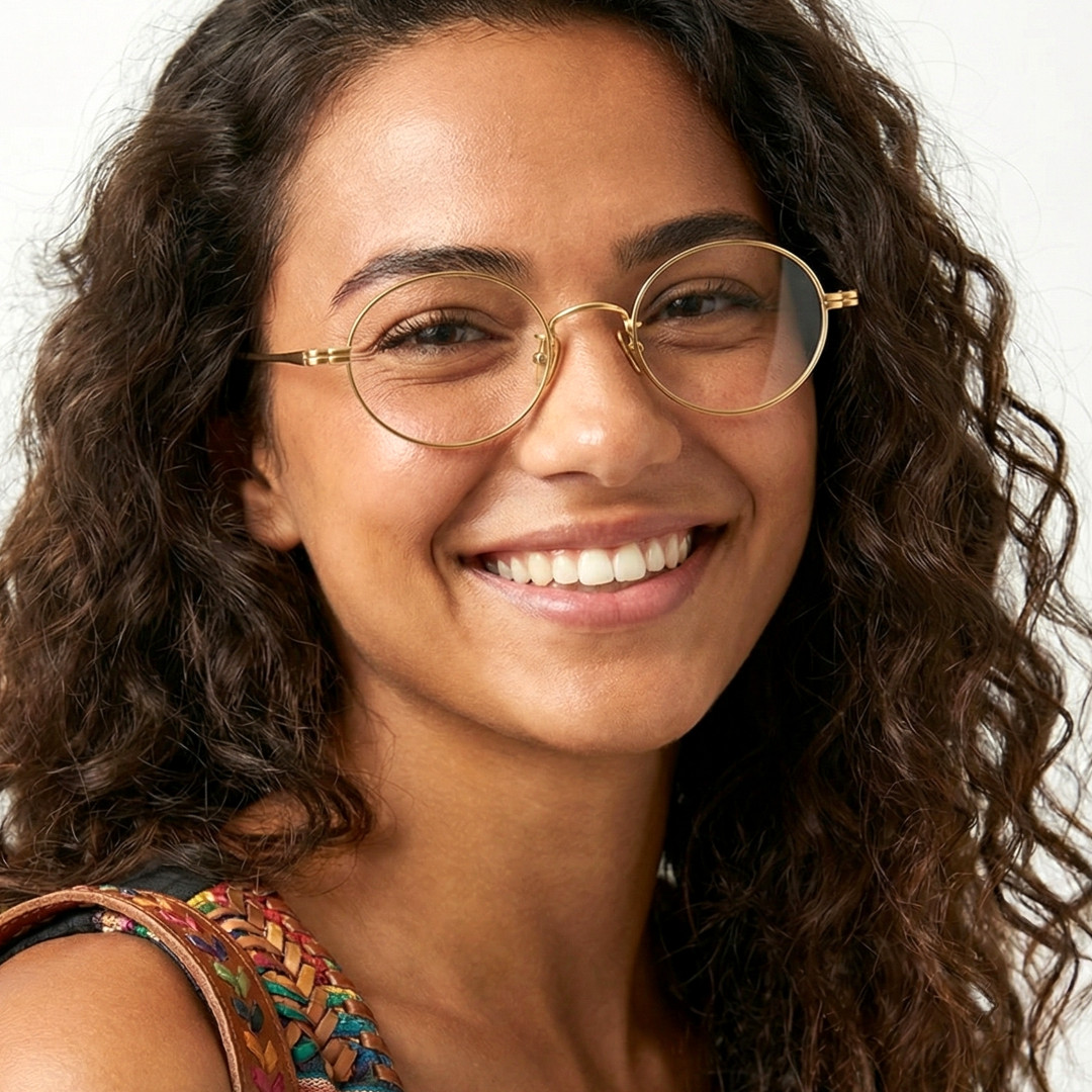 Profile view of female wearing y2k gold oval eyeglasses, smiling, OT0402412