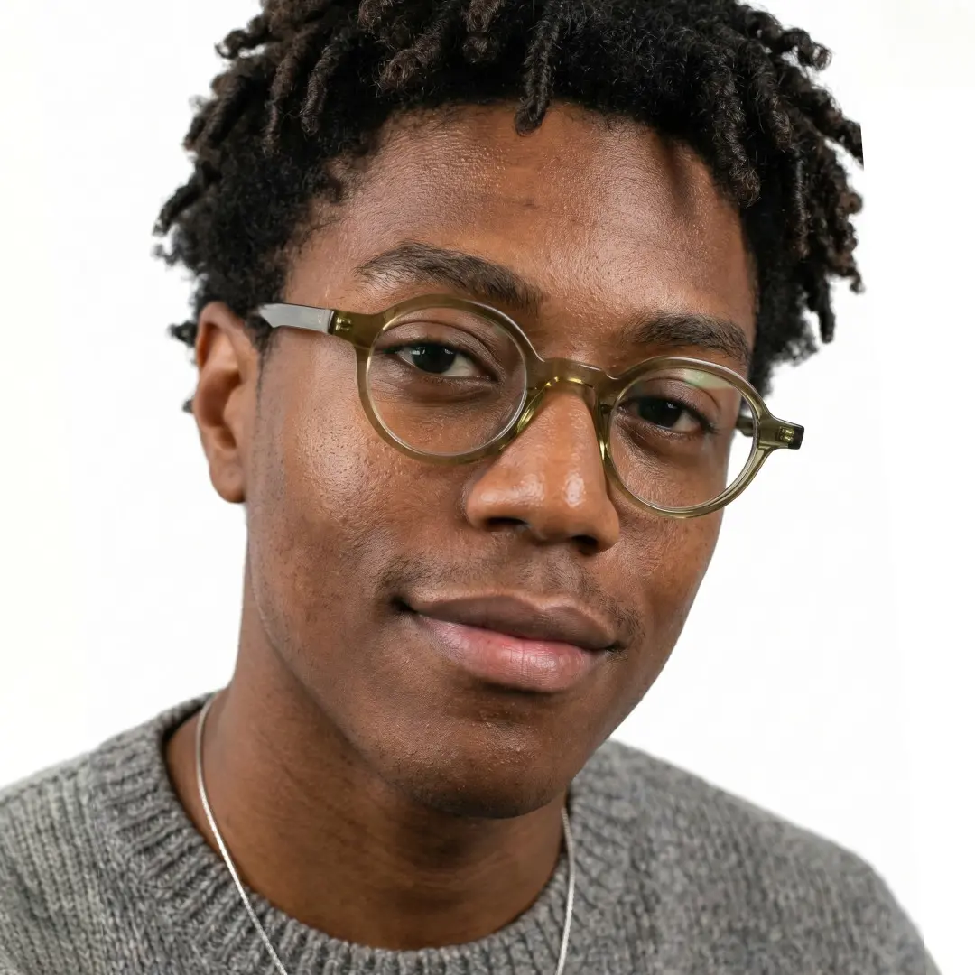Male wearing vintage army green round acetate eyeglasses, smiling. SPU: RA0012306