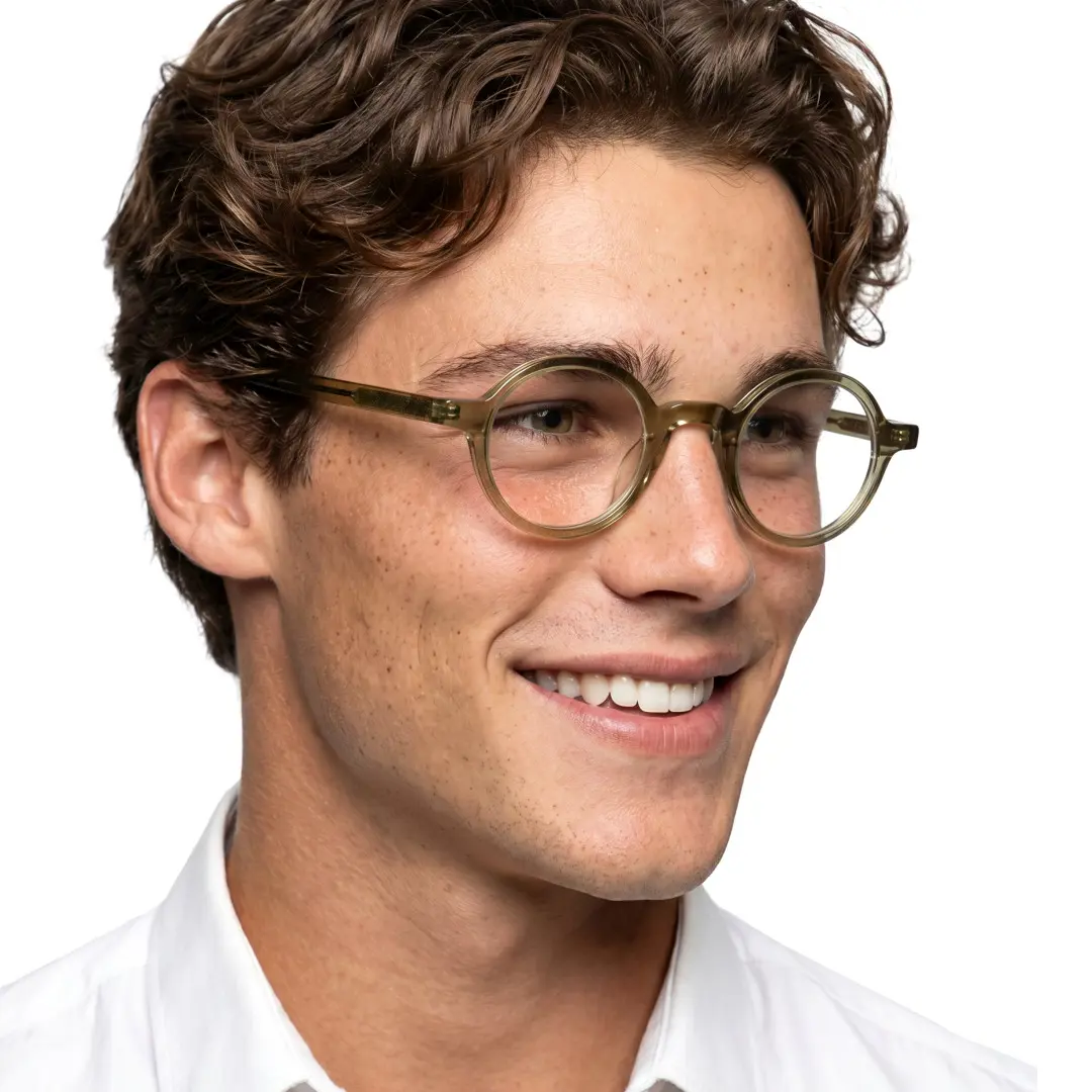 Male wearing vintage army green round acetate eyeglasses, smiling. SPU: RA0012306