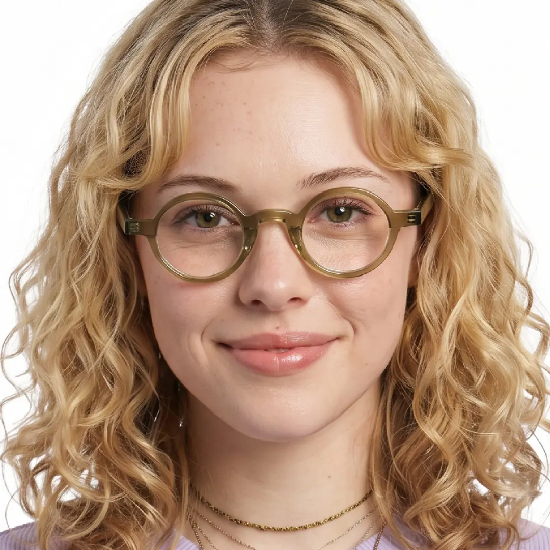 Female wearing vintage army green round acetate eyeglasses, natural smile. SPU: RA0012306