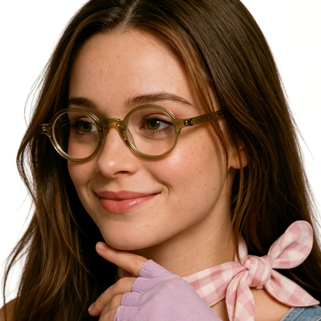 Profile view of female wearing vintage army green round eyeglasses, natural smile, RA0012306