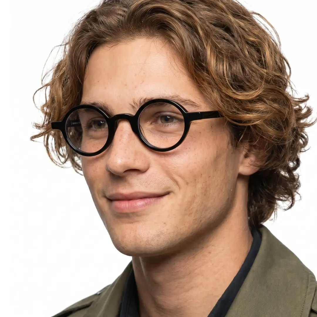 Male wearing vintage black round acetate eyeglasses, natural smile. SPU: RA0012306
