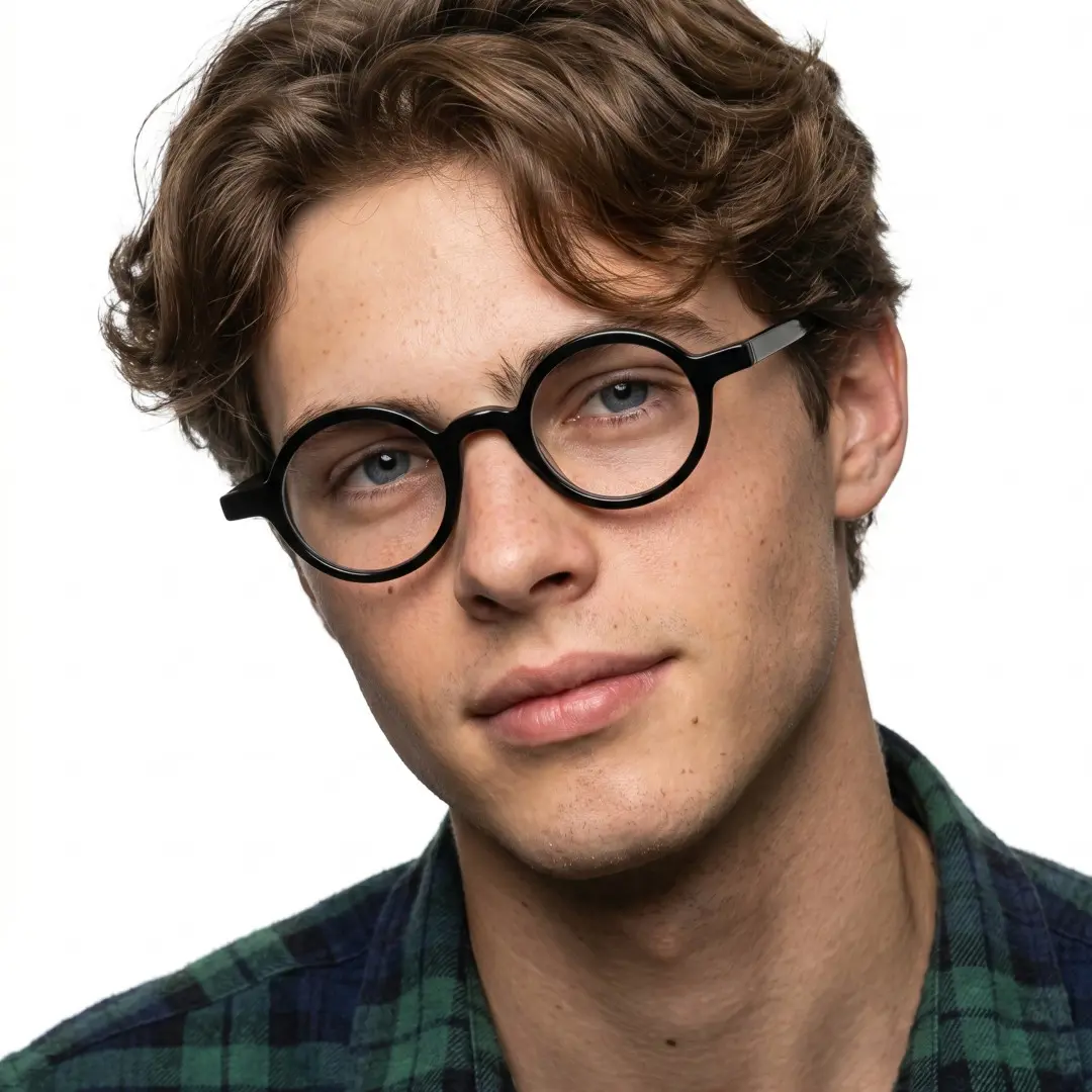 Front view of male wearing vintage black round eyeglasses, tilting head, natural smile, RA0012306