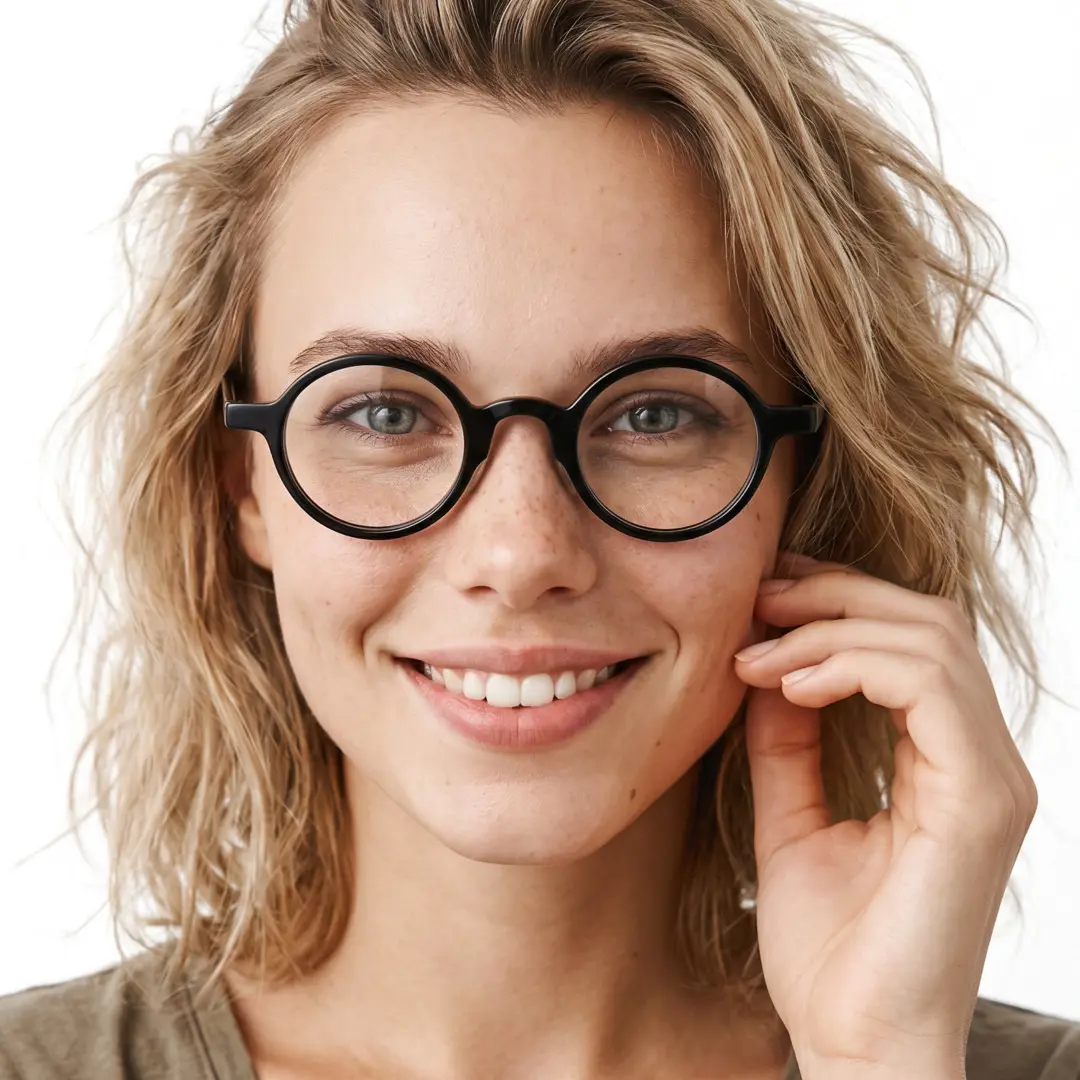 Female wearing vintage black round acetate eyeglasses, smiling while hand near face. SPU: RA0012306