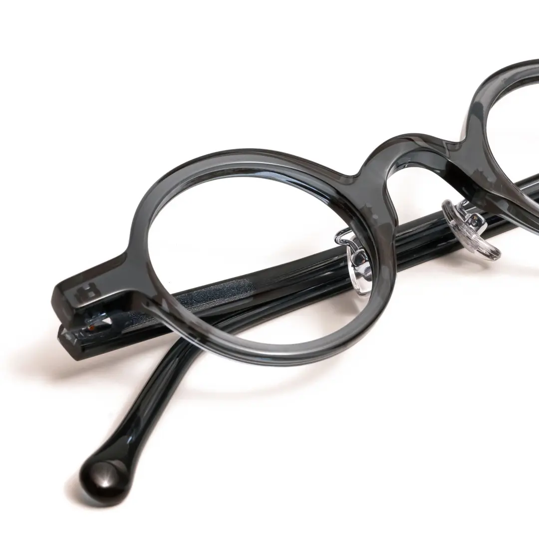 Frame detail view of Lala vintage round acetate eyeglasses in grey. SPU: RA0012306
