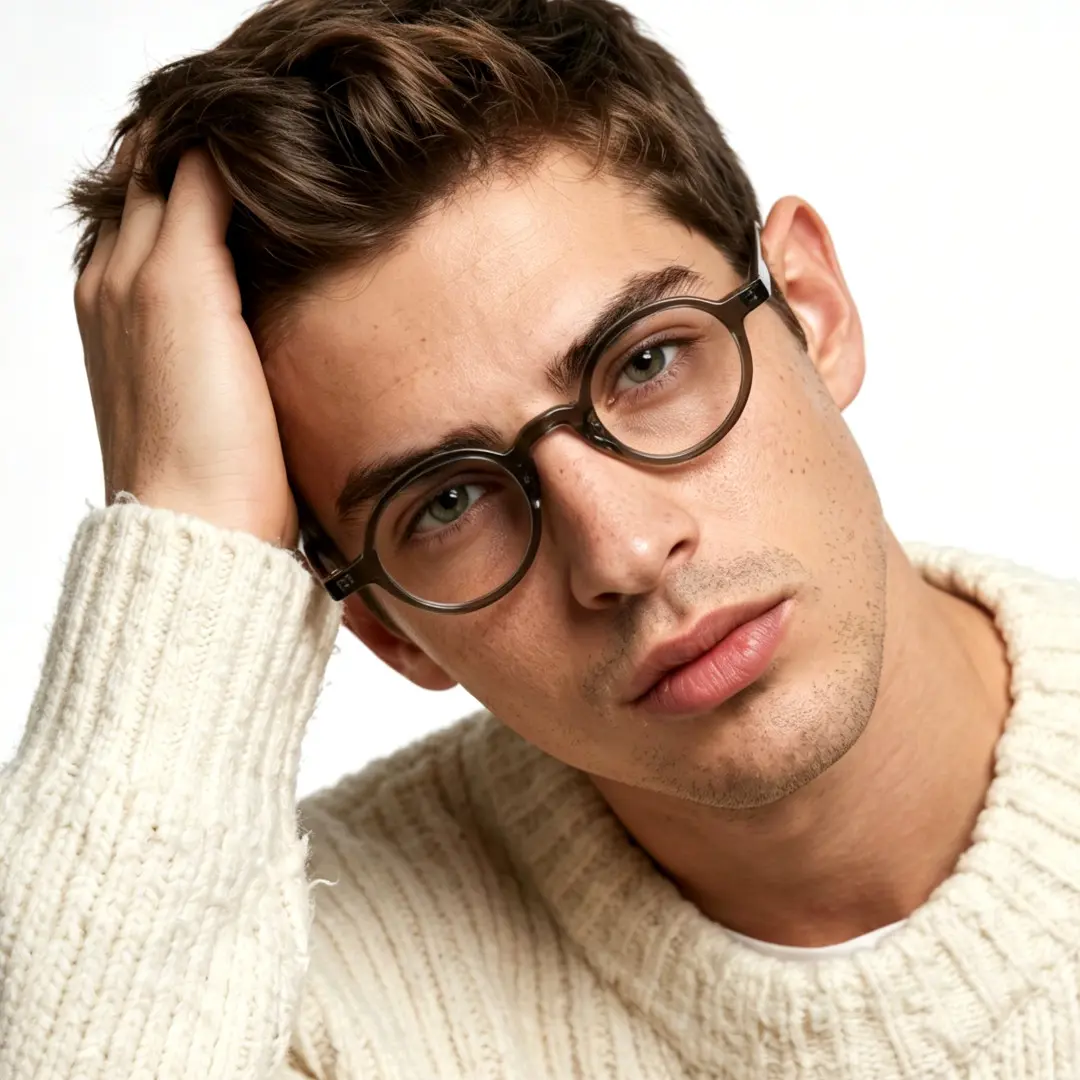 Front view of male wearing vintage grey round eyeglasses, hand in hair, neutral expression, RA0012306