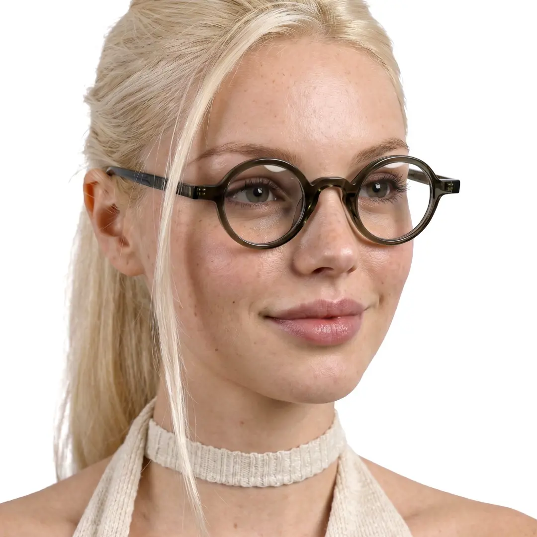 Female wearing vintage grey round acetate eyeglasses, natural smile. SPU: RA0012306