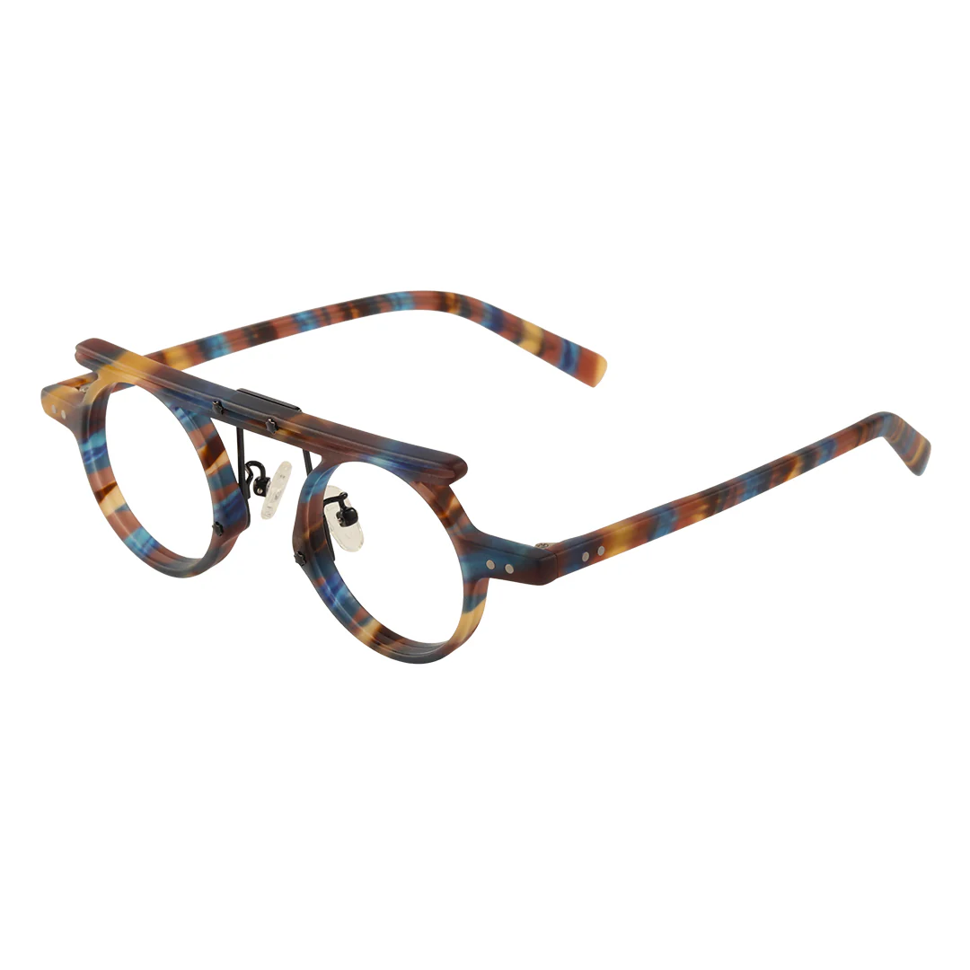 Angle view of Susie round acetate eyeglasses RA0012405 in blue tortoise
