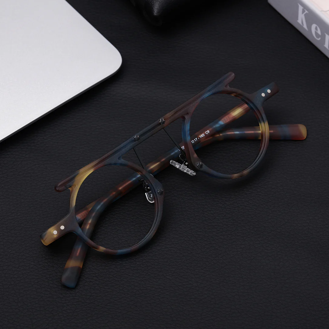 Scene view of Susie round acetate eyeglasses RA0012405 in blue tortoise