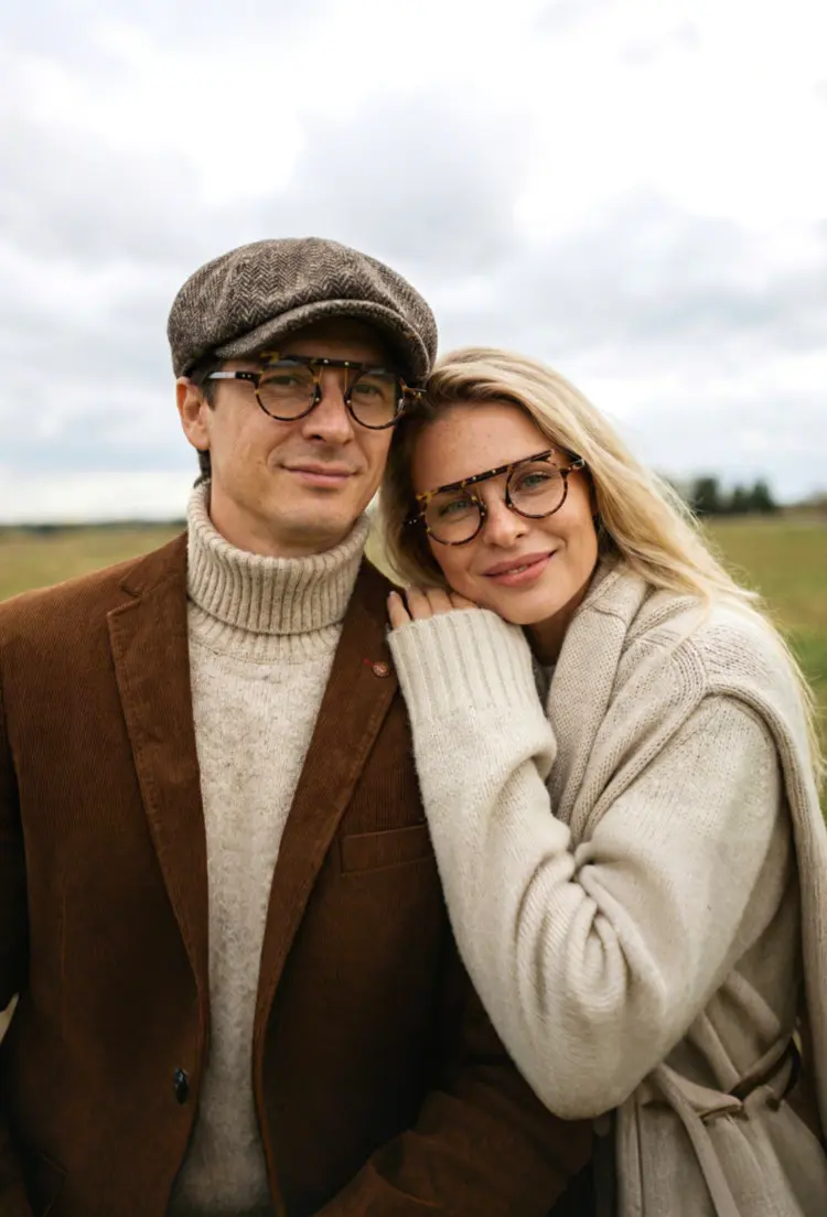 Couple model wearing vintage blue tortoise round acetate eyeglasses in a brown blazer and a cozy knit sweater leaning together in an outdoor field. SPU: RA0012405