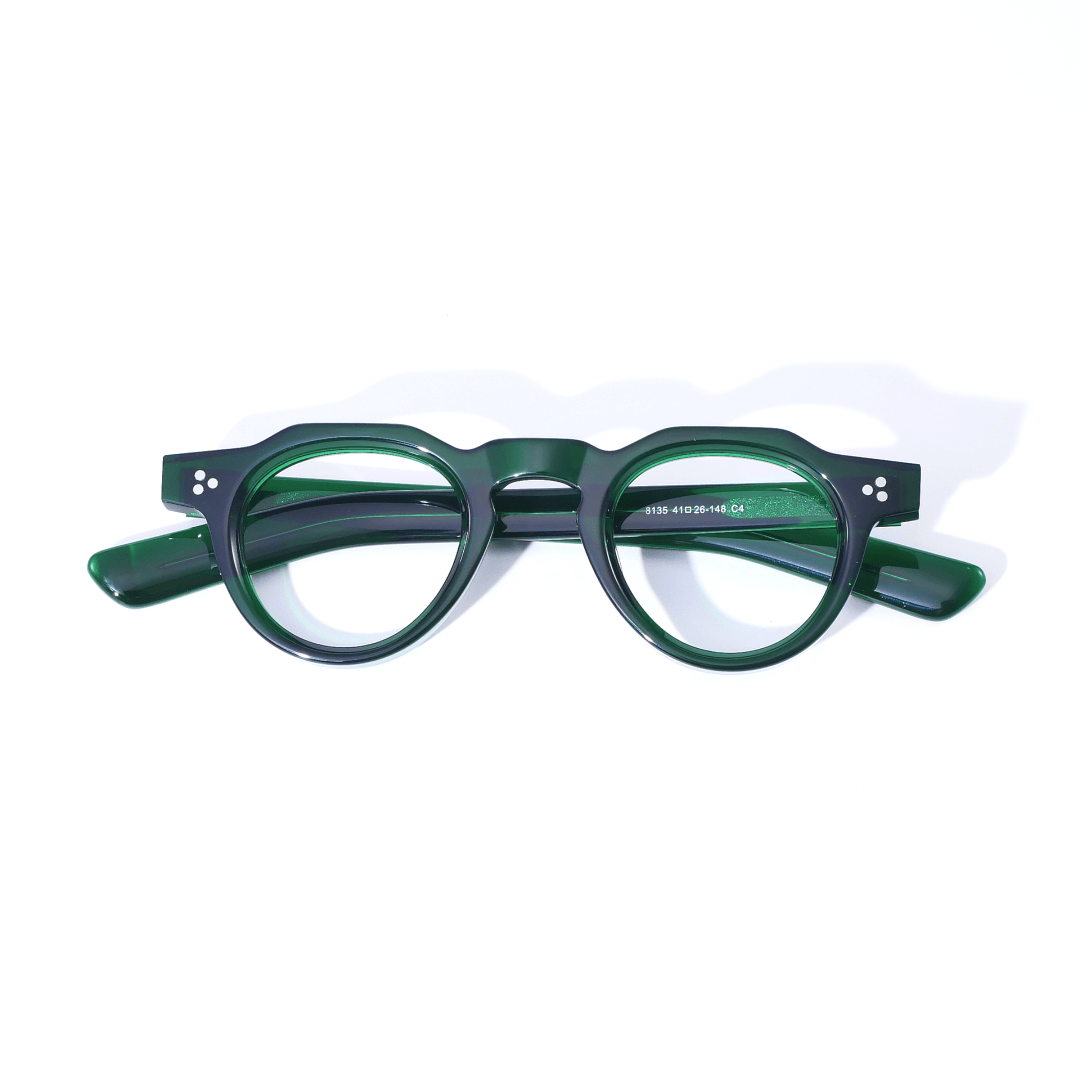 Front folded view of Send vintage round acetate eyeglasses RA0012412 in green