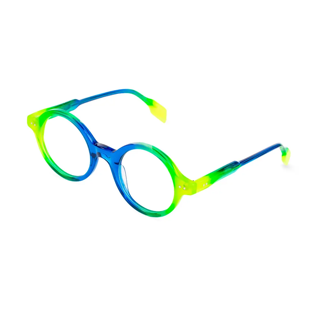 Angle view of Luv colorful round acetate eyeglasses in blue. SPU: RA0022307
