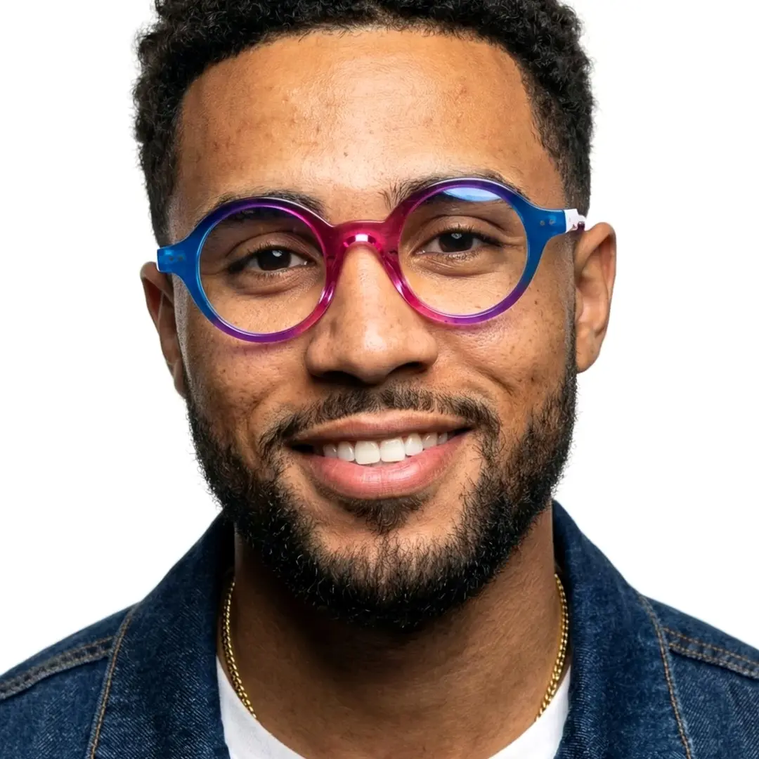 Male wearing colorful pink round acetate eyeglasses, friendly smile. SPU: RA0022307