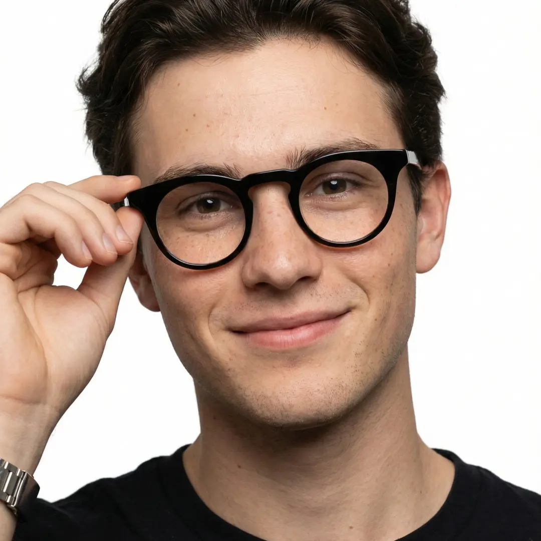 Front view of male wearing colorful black round eyeglasses, holding glasses, smiling, RA0032303