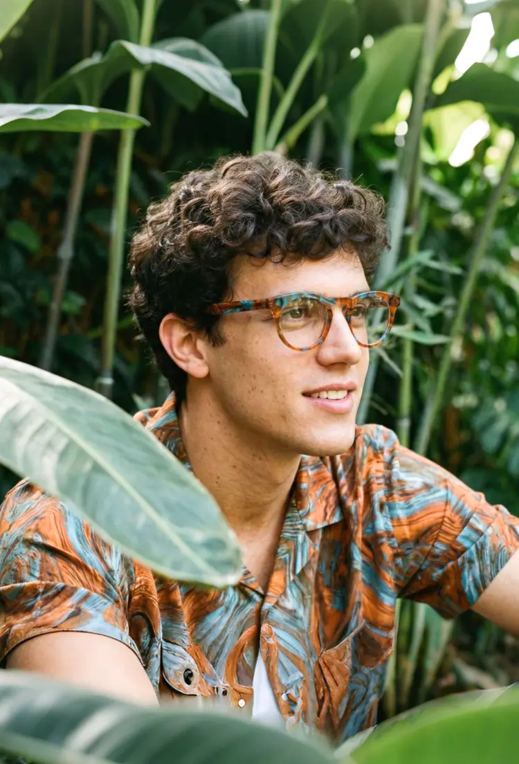 Male model wearing vintage orange round acetate eyeglasses amidst lush green foliage. SPU: RA0032303