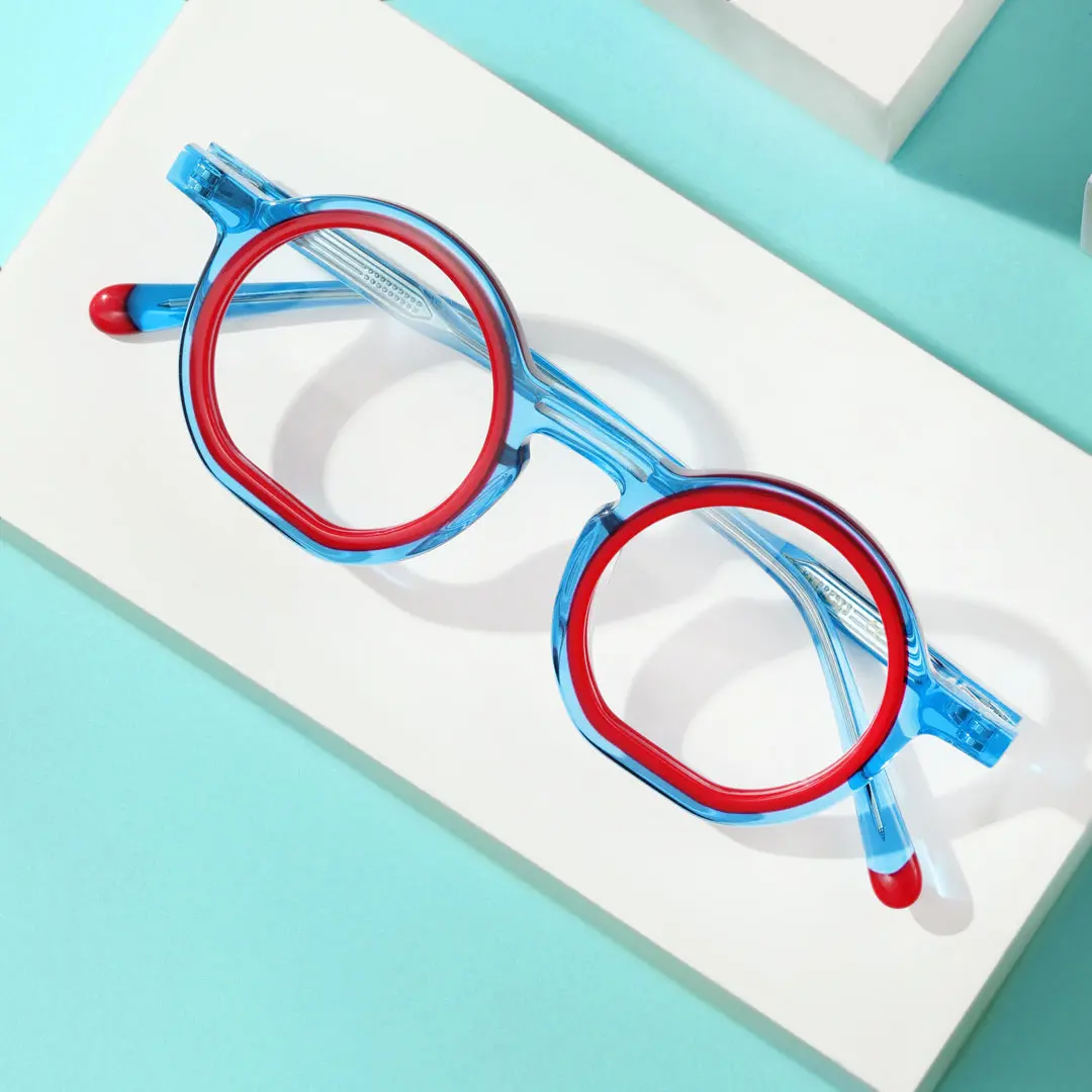 Scene close-up view of Brody round acetate eyeglasses RA0032401 in blue