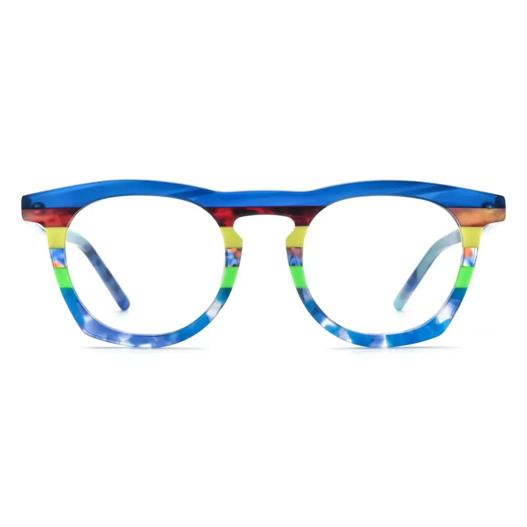 Front view of Mious colorful round acetate eyeglasses RA0032407 in blue
